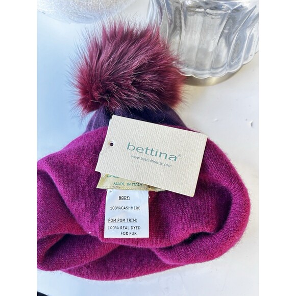 Bettina 100 Cashmere Beanie With Fox Pom Pom Purple  Plum NWT - Picture 5 of 6